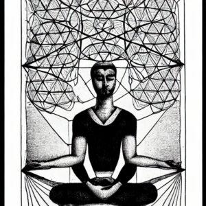 picture of man sitting meditating with sacred geometry around his head and energy around his hands